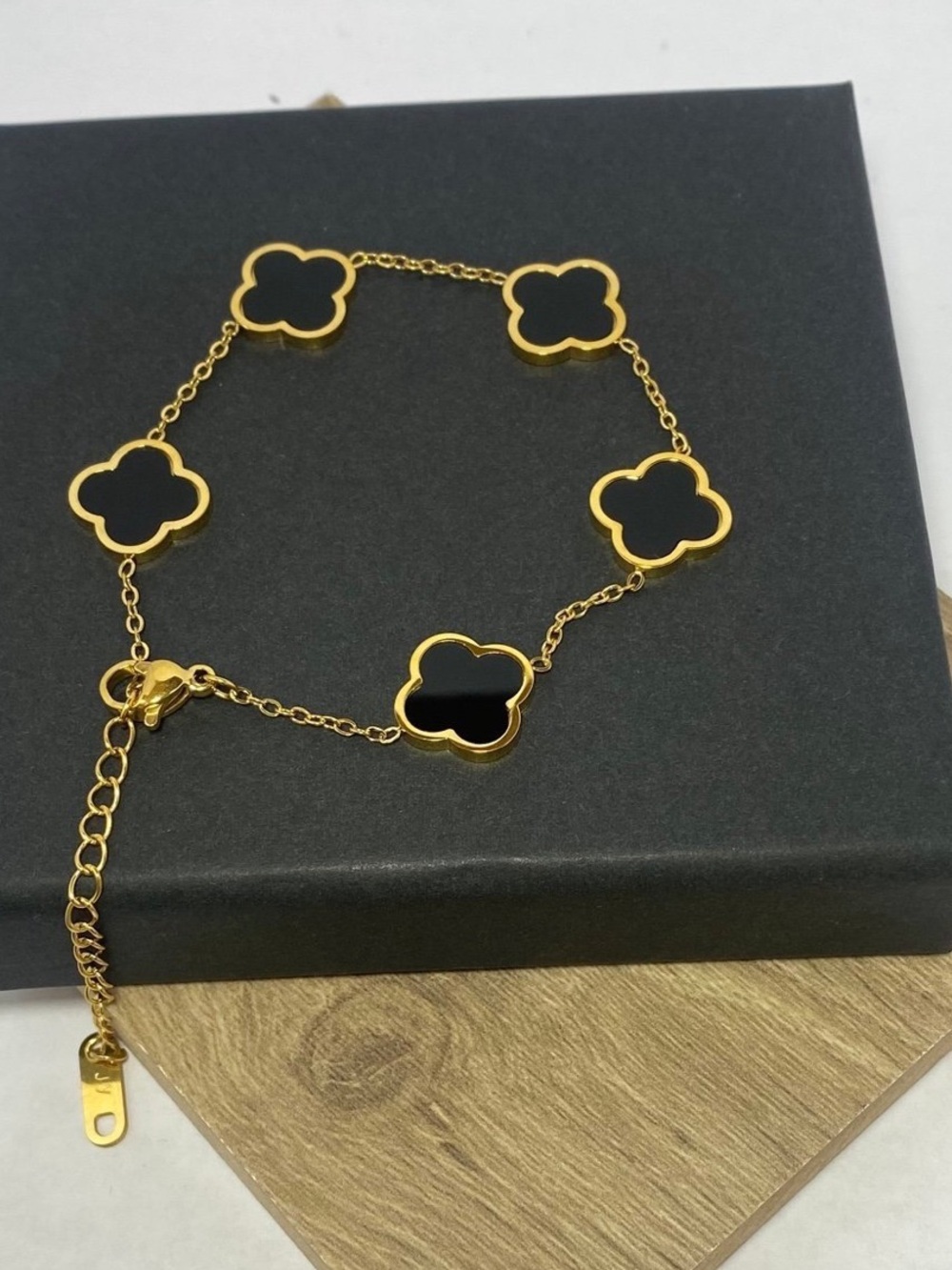 Gold and Black Clover Link Bracelet - Women's Jewelry